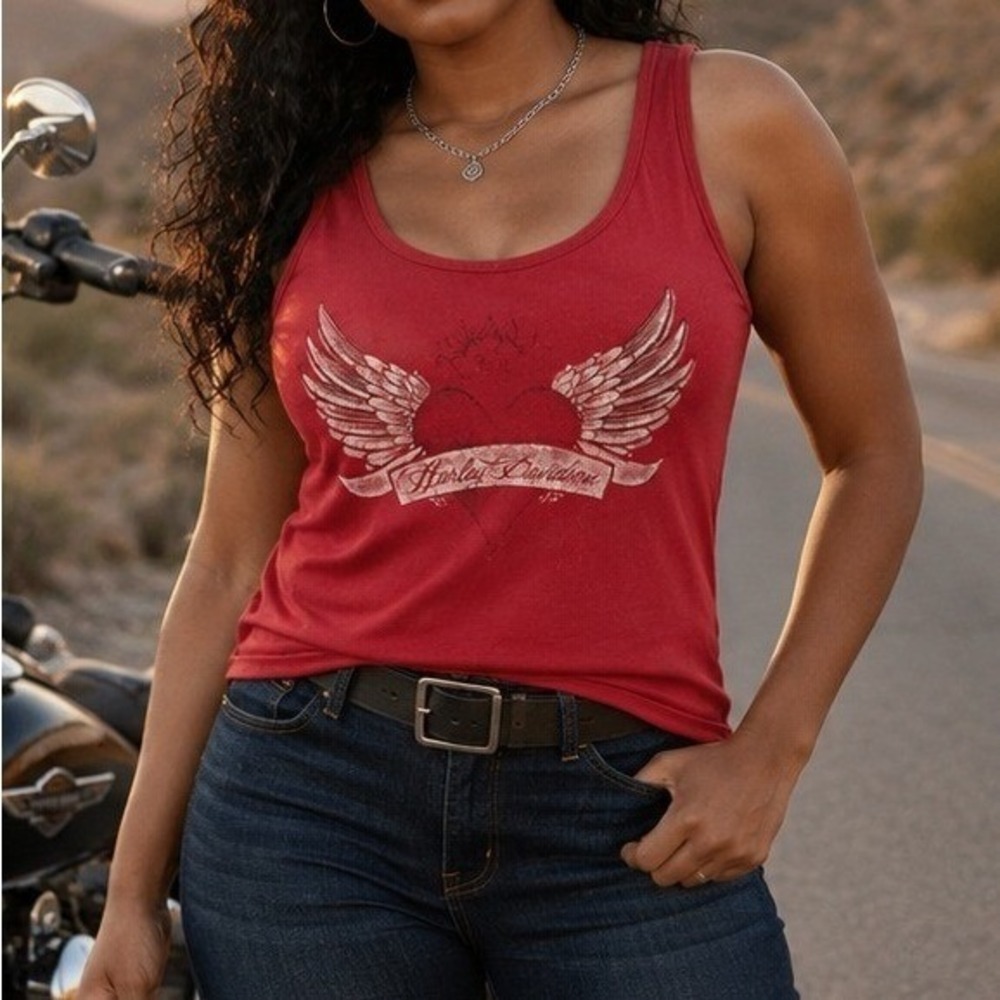 Harley Davidson winged heart logo biker graphic tank top womens Med
